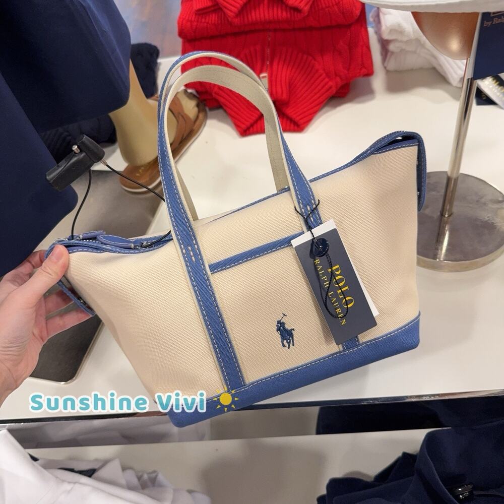 NWT Polo Ralph Lauren Canvas Zip Travel Tote Bag Crossbody Ecru /blue